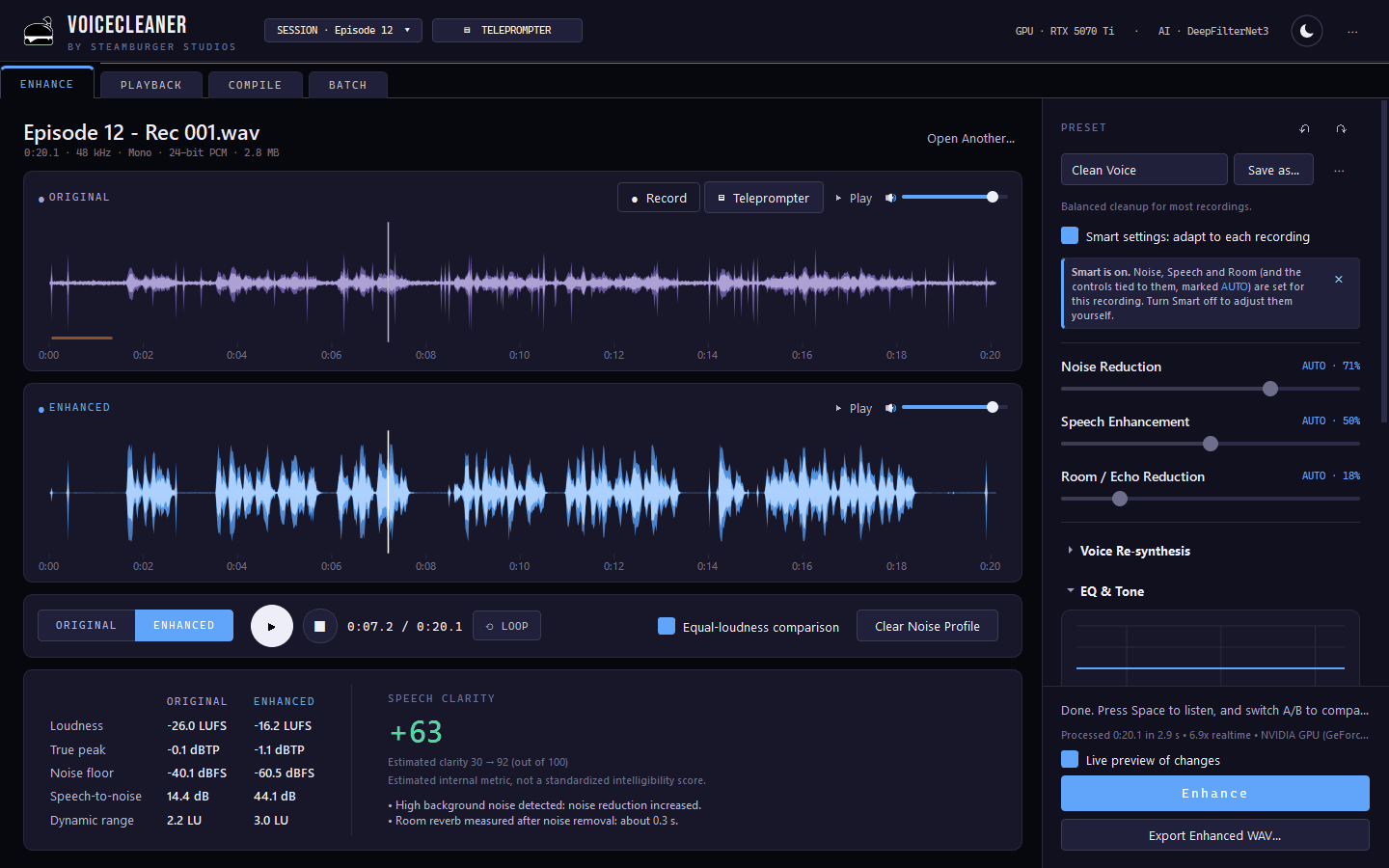 VoiceCleaner enhance tab — noise reduction and speech enhancement controls